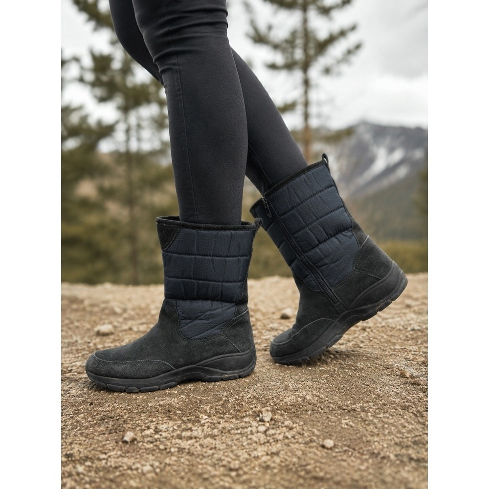 Lands End Womens 10B Black Navy Suede Quilted Winter Boots Side Zip Fleece Lined